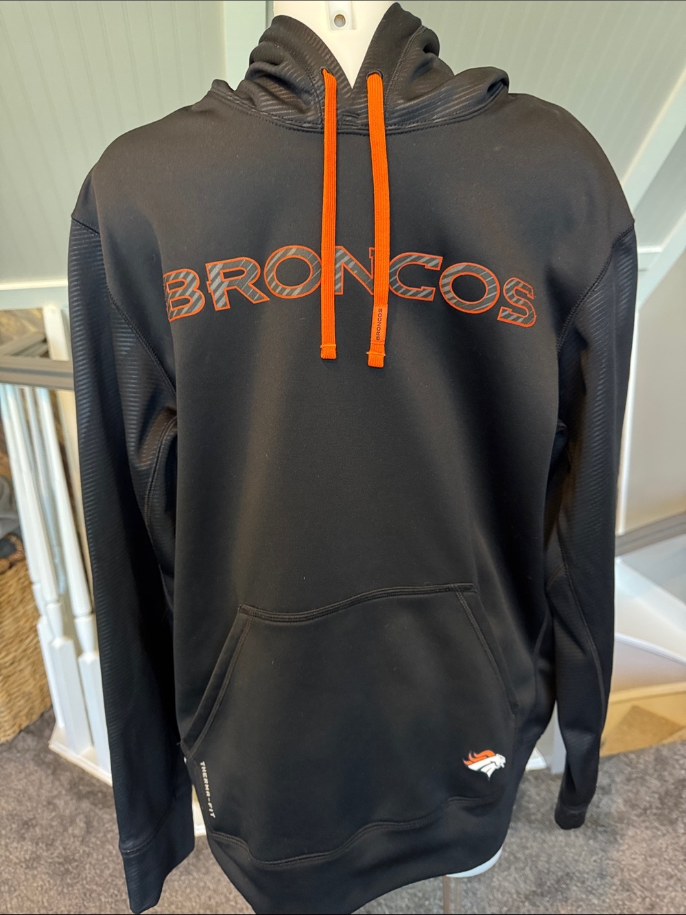 Nike Broncos Black Pullover Hoodie with Orange Logo and Drawstrings